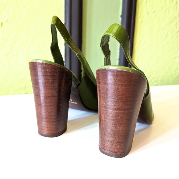 Vintage Nine West Olive Green Slingback Wooden Peep Toe Genuine Leather Heels - Picture 3 of 7